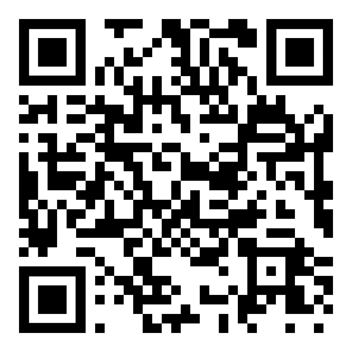 A black and white QR code, a square pattern of pixels with three finder patterns in the corners.