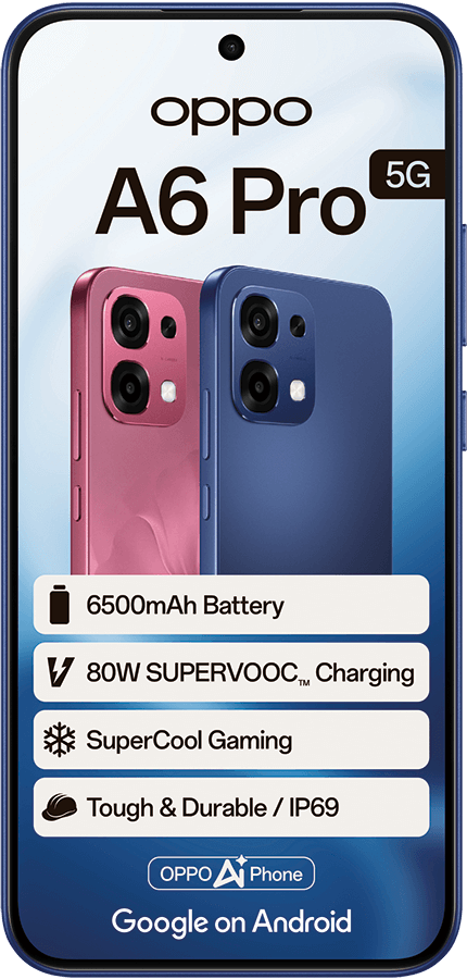 OPPO A6 Pro 5G phone, showing 6500mAh battery, 80W charging, gaming, and IP69 durability features.