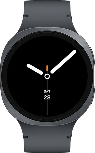 Dark gray smartwatch with round black display, white hands, orange second hand, and 'SAT 28'.