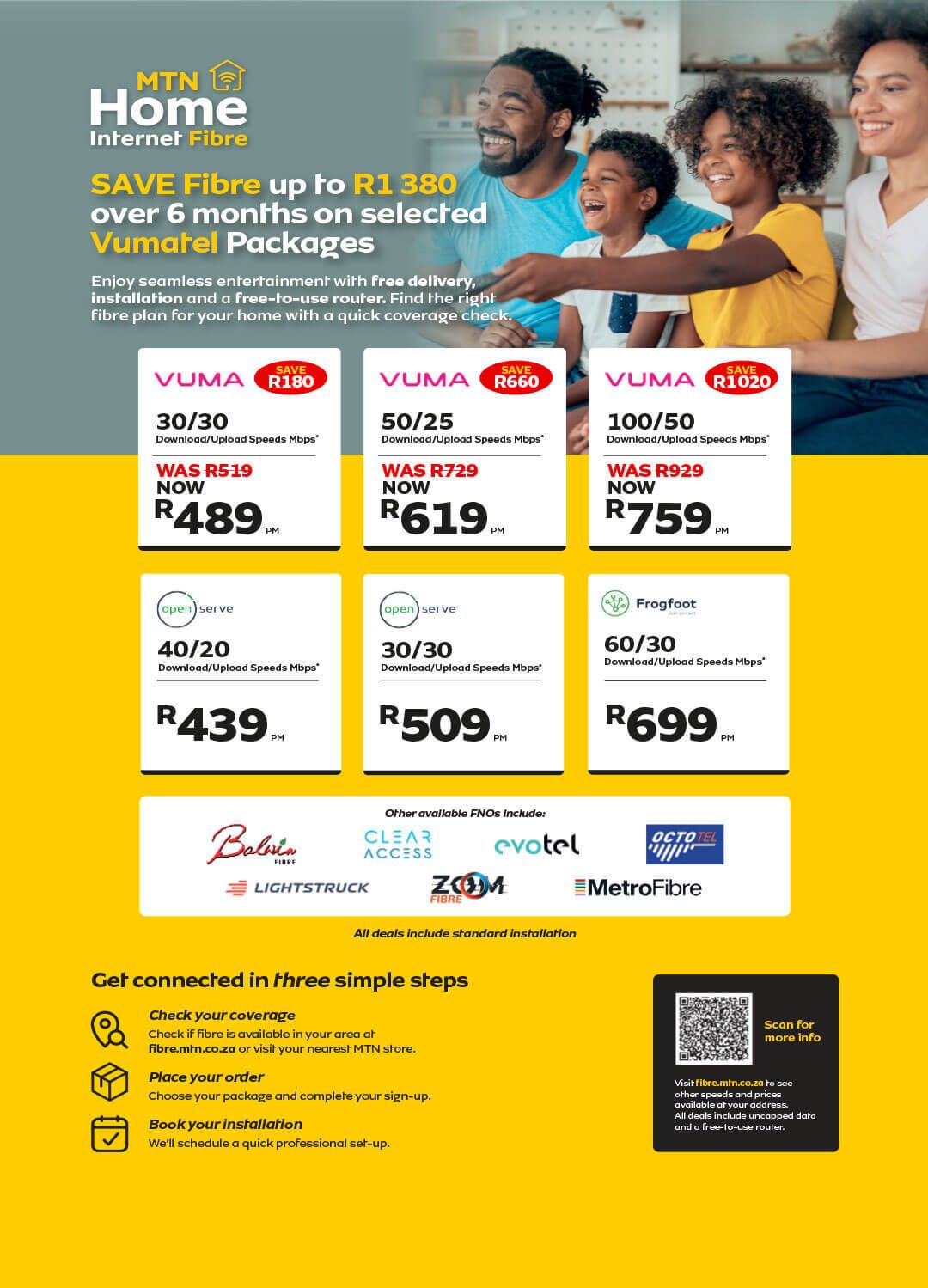 MTN Home Fibre ad with Vumatel, Open Serve, Frogfoot packages, pricing, FNOs, and connection steps.