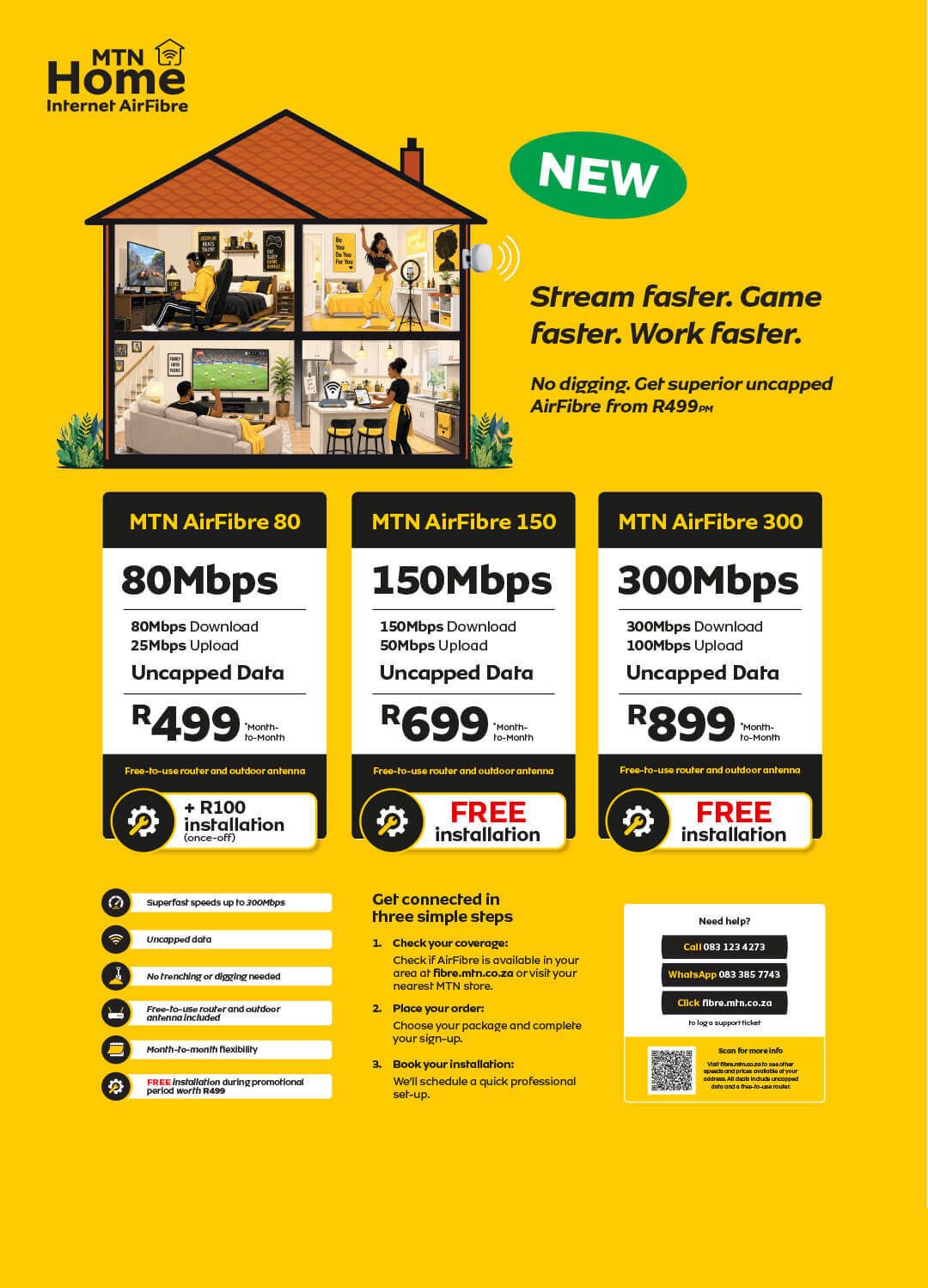 MTN AirFibre plans: 80Mbps, 150Mbps, 300Mbps with uncapped data, free router, and monthly options.