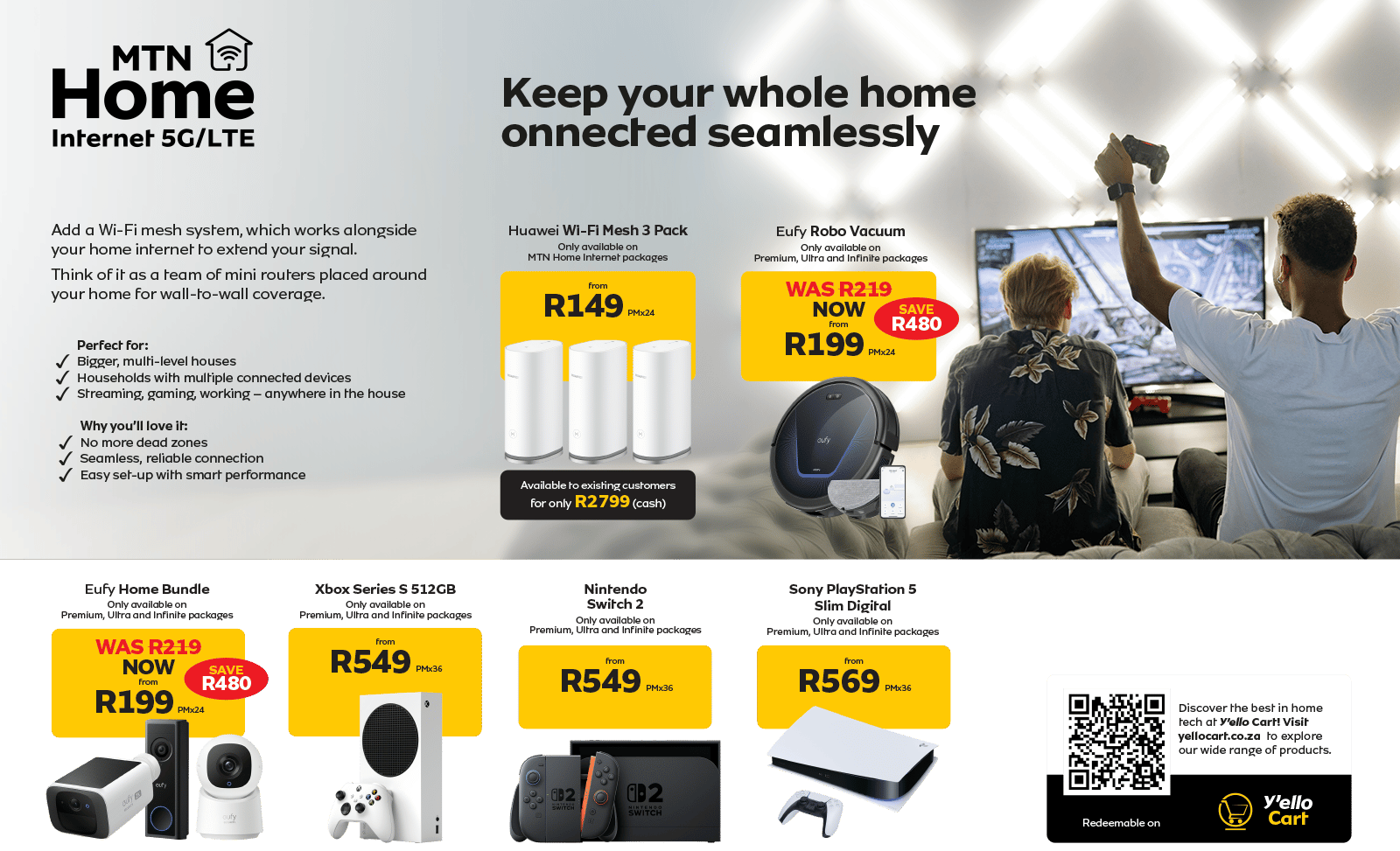 MTN Home Internet ad featuring Wi-Fi mesh, smart home devices, and gaming consoles like Xbox, Switch, and PS5.