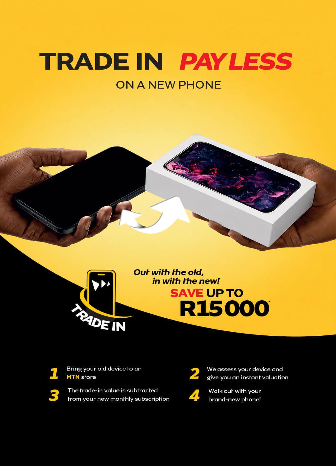 Hands trading an old phone for a new one, advertising 'Trade In Pay Less' and 'Save up to R15000'.