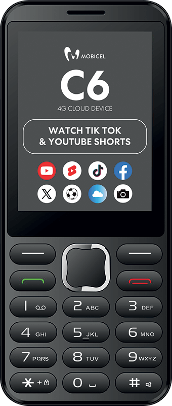Mobice C6 4G feature phone. Screen: TikTok, YouTube, Facebook icons. Below: a classic phone keypad.