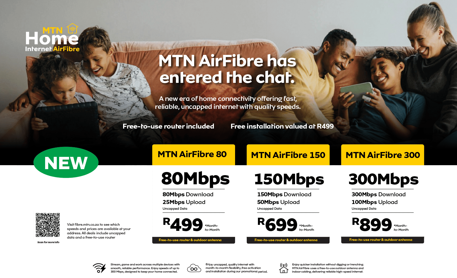 Family on couch using devices, MTN AirFibre ad for fast, uncapped internet plans: 80, 150, 300Mbps.