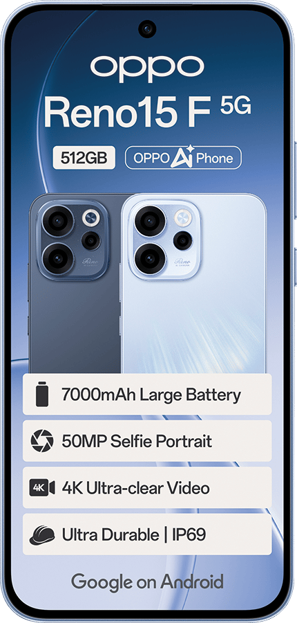 OPPO Reno15 F 5G (512GB) featuring 7000mAh battery, 50MP selfie, 4K video, IP69 durability.