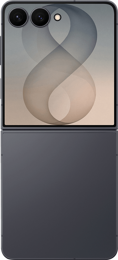 Partially open foldable phone with dual cameras, wavy screen design, and a dark gray lower half.