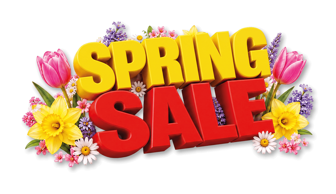 3D 'SPRING SALE' text in yellow and red, surrounded by colorful spring flowers.