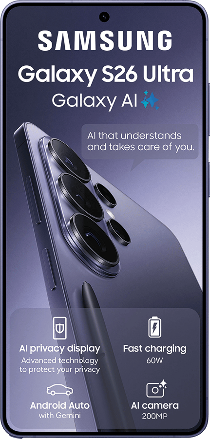 Samsung Galaxy S26 Ultra phone with AI features, including privacy display, fast charging, Android Auto, and a 200MP AI camera.