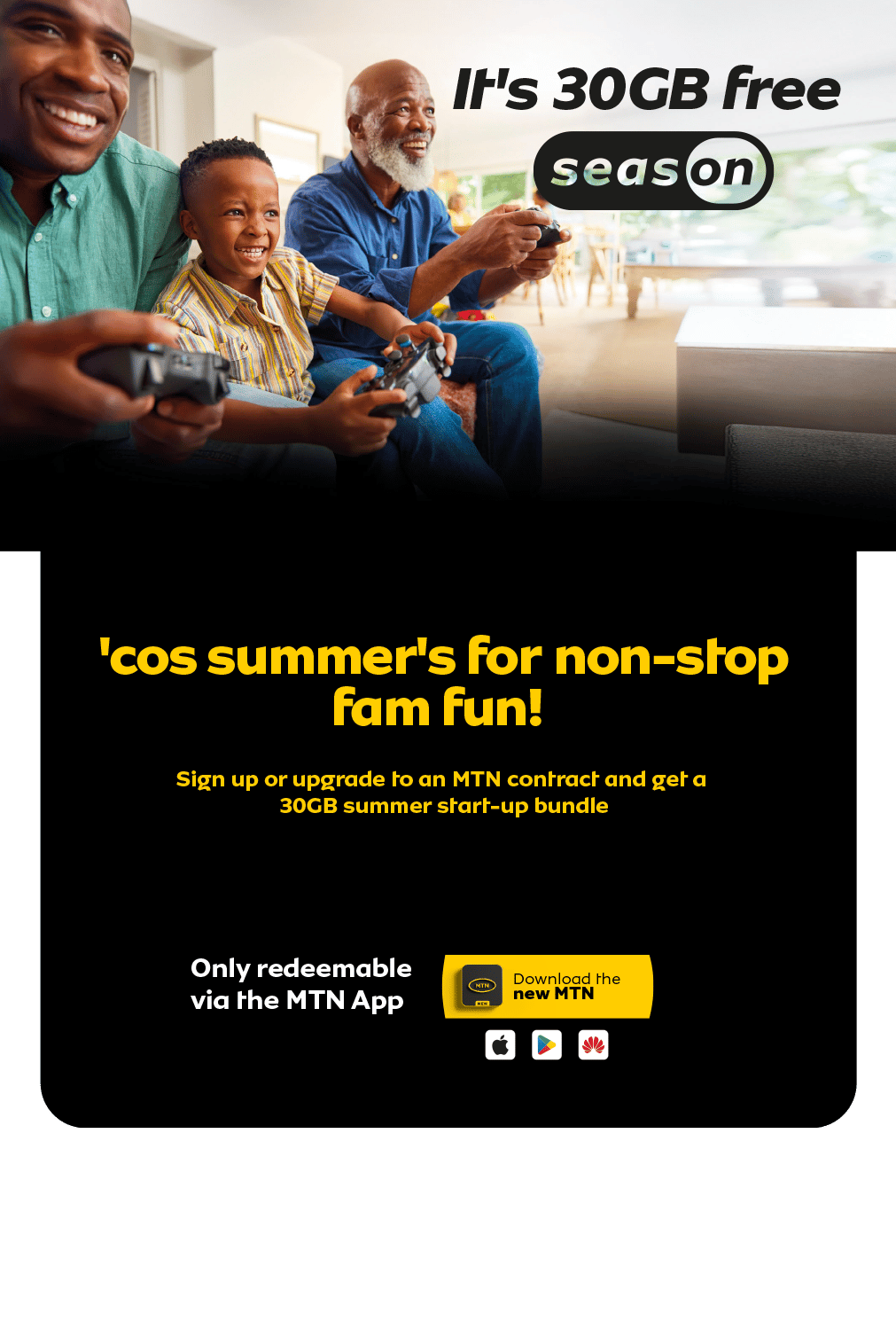 Three generations (dad, son, grandpa) playing video games. MTN ad for 30GB free data via app.