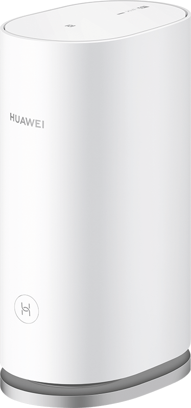 White cylindrical Huawei router with a silver base and a mesh symbol.