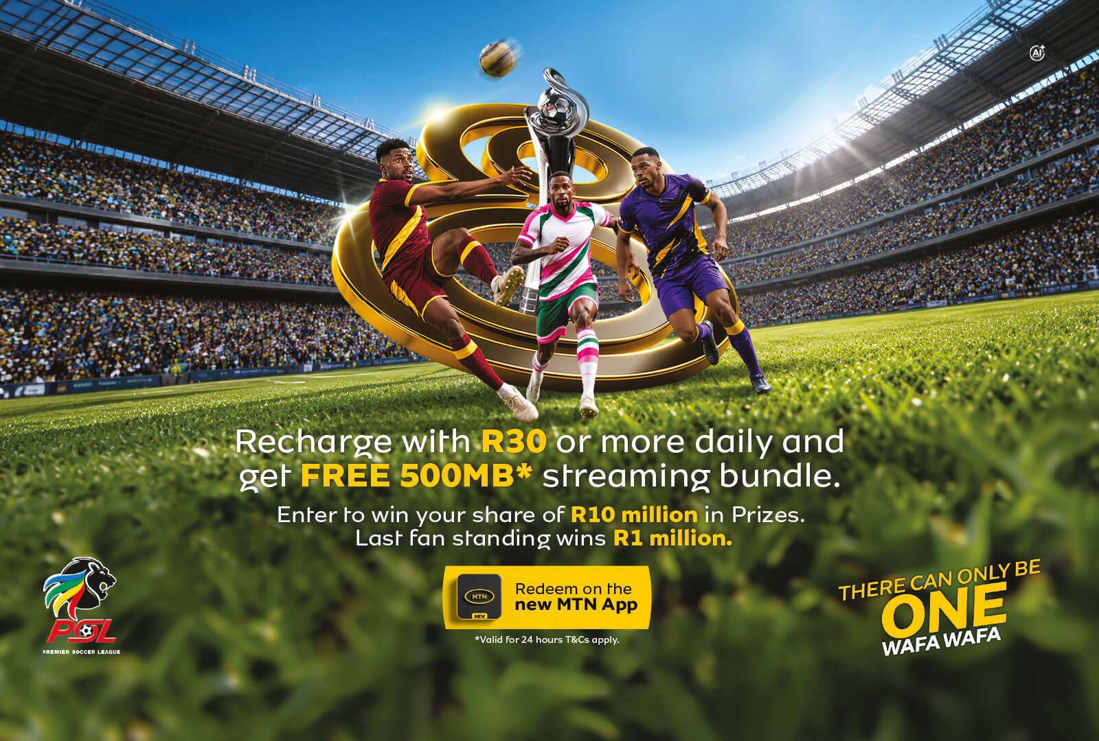 MTN soccer ad with players, a golden trophy, and stadium. Promotes 500MB streaming and R10M prizes.