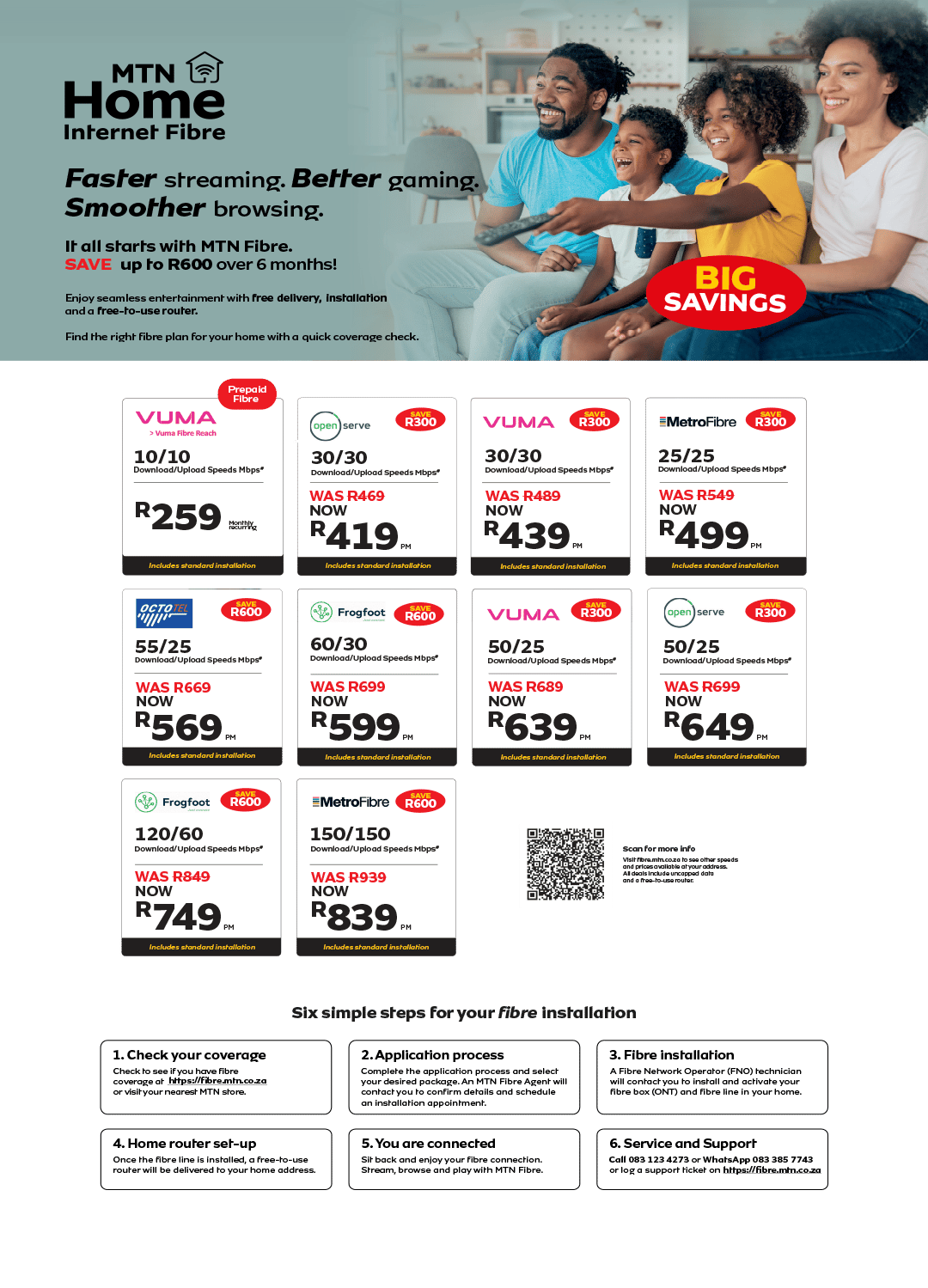 MTN Home Internet Fibre deals with various speed packages and prices, featuring savings, installation steps, and family enjoying connectivity.