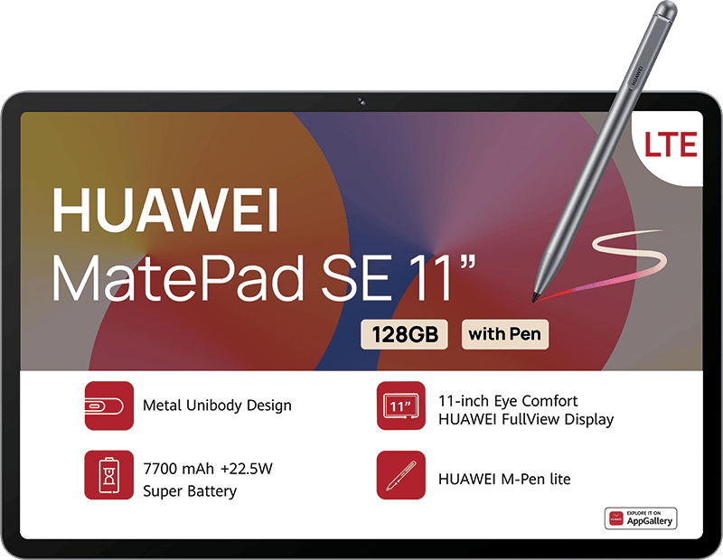 HUAWEI MatePad SE 11" tablet (128GB, LTE) with M-Pen lite and listed features.