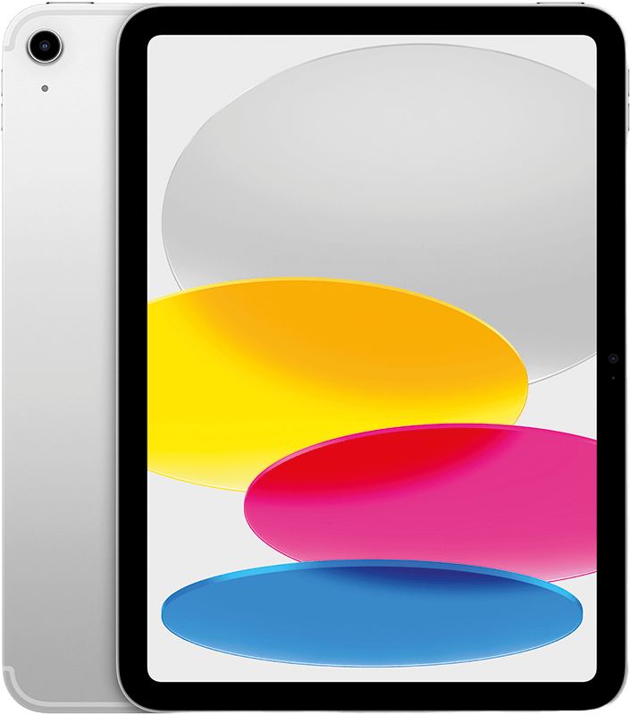 White tablet with colorful abstract wallpaper, angled.