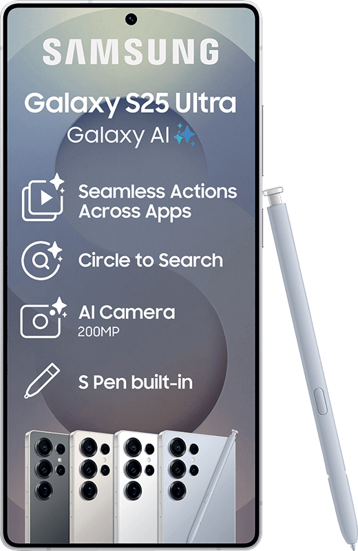 Samsung Galaxy S25 Ultra phone with Galaxy AI, S Pen, and 200MP camera features.