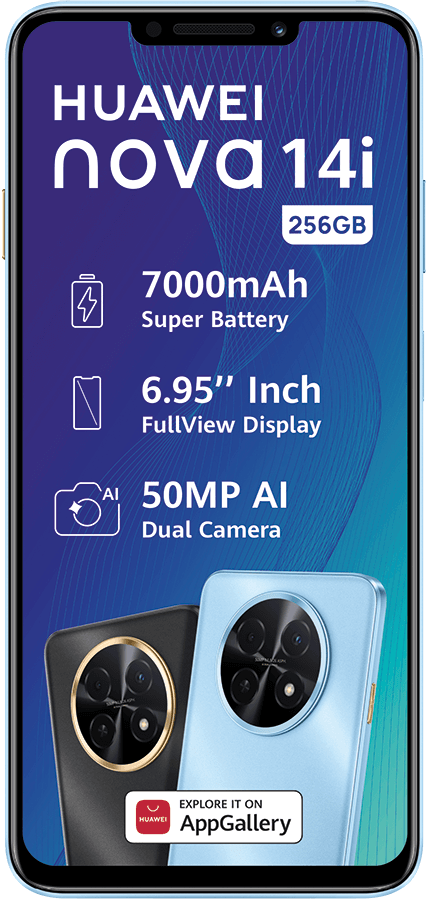 Huawei Nova 14i phone, 256GB, 7000mAh battery, 6.95" display, 50MP AI dual camera.