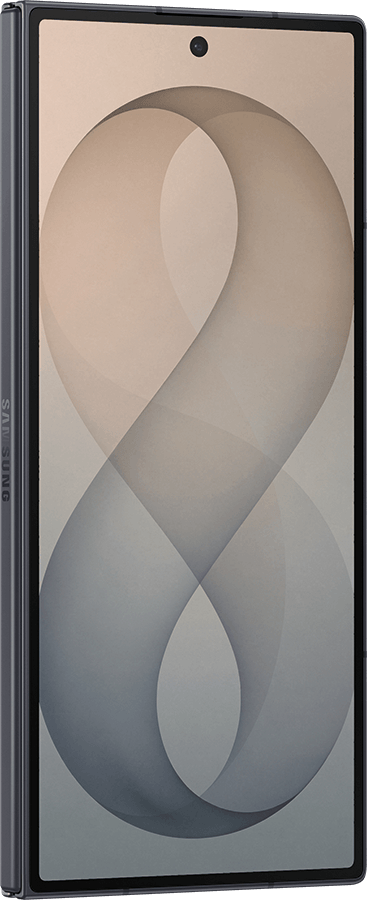 Unfolded Samsung Galaxy Z Flip phone with abstract beige/gray wallpaper and visible front camera.