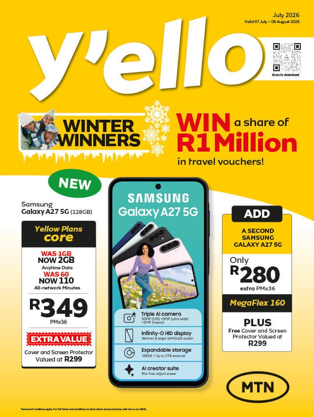 MTN Y'ello ad featuring Samsung Galaxy A27 5G deals from R349/month, including a second phone offer and a R1 Million travel voucher competition.