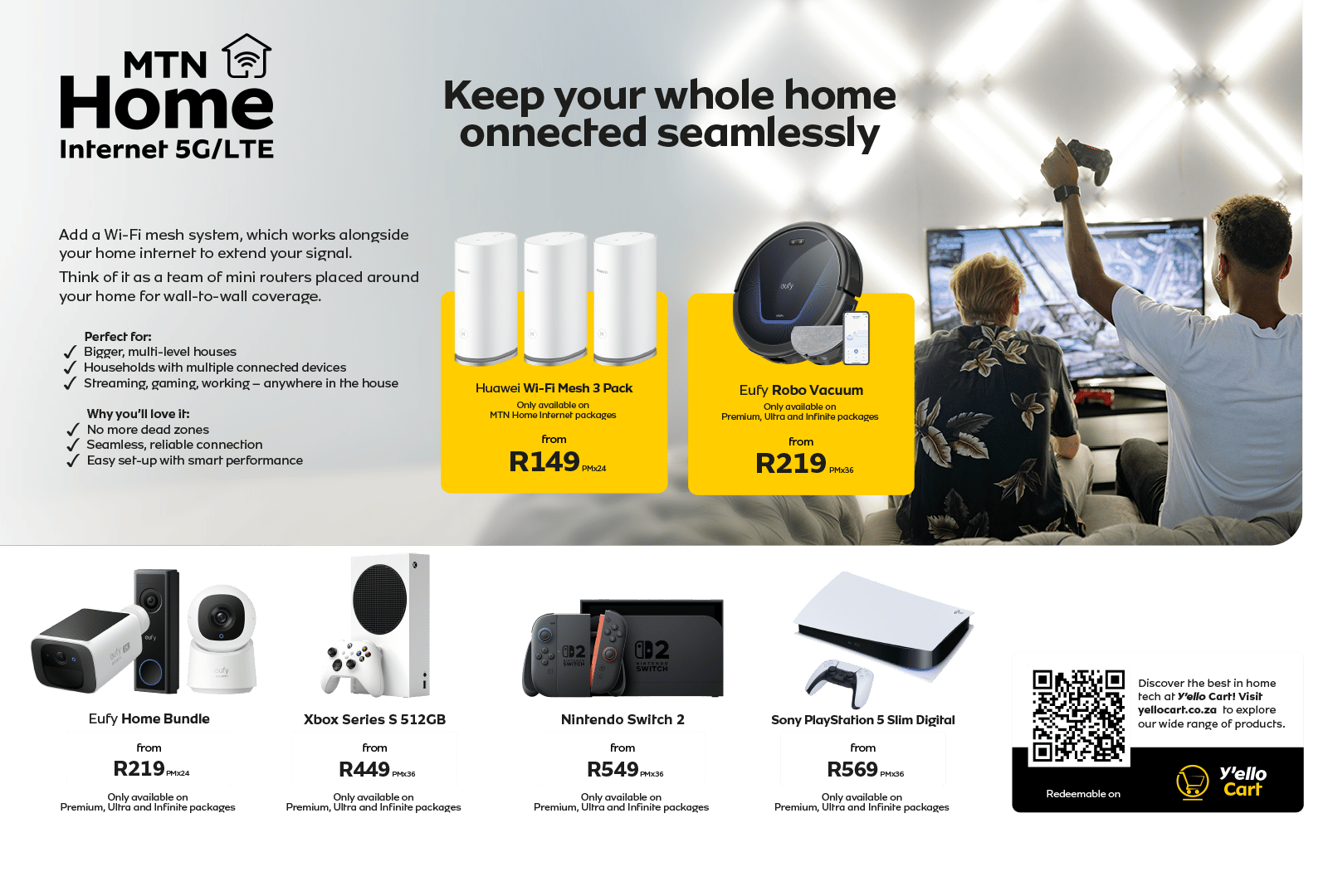 MTN Home Internet ad showing Wi-Fi mesh, smart home devices, gaming consoles with prices, and Y'ello Cart info.