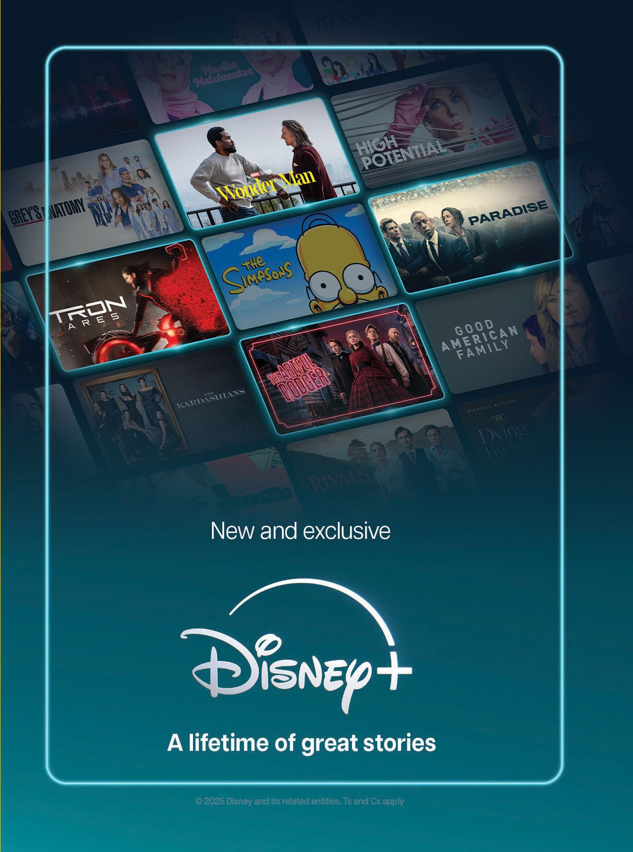 Disney+ ad displaying a variety of movie and TV show posters within a glowing frame.