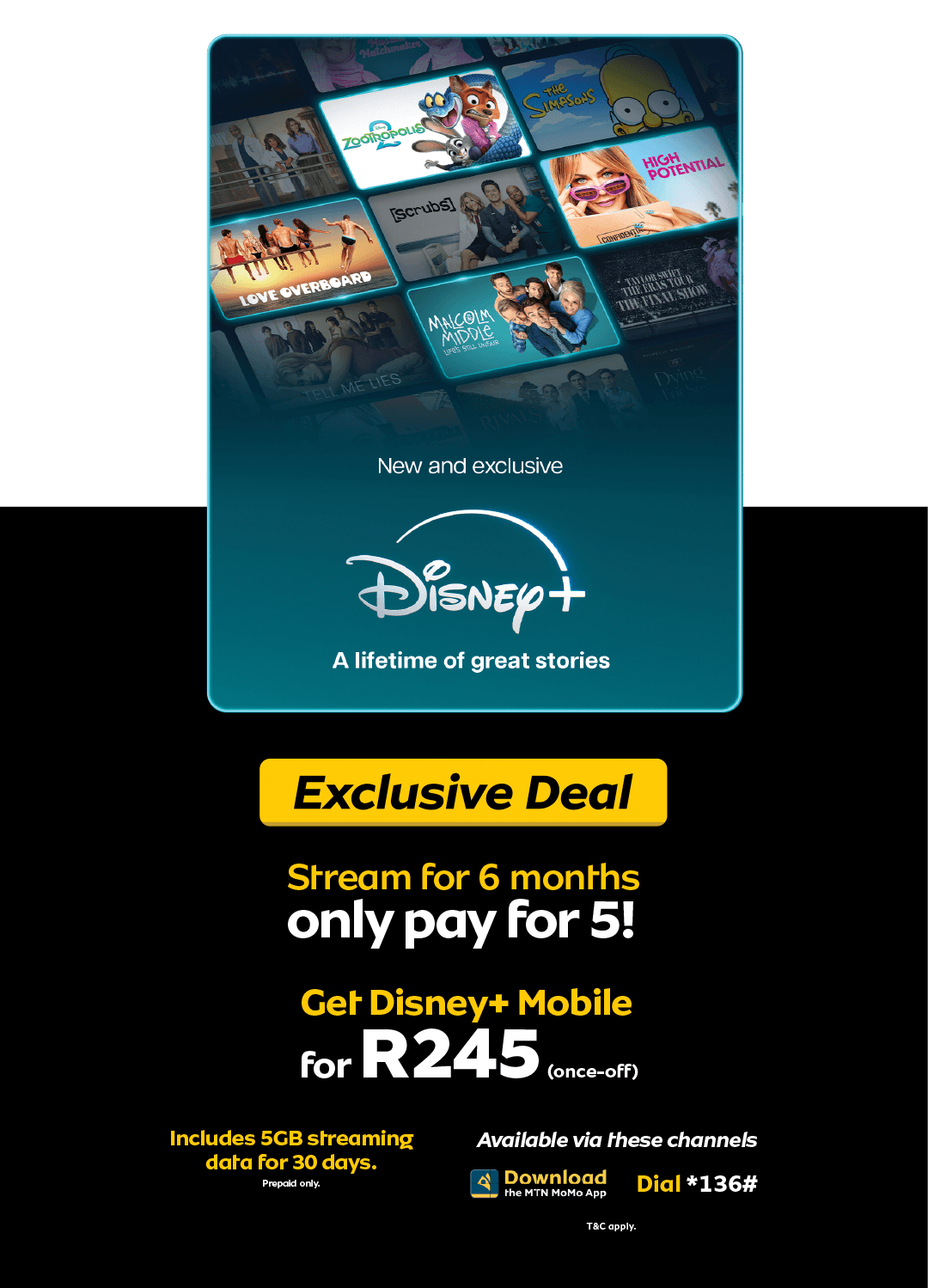 An ad for Disney+ Mobile showing various movie titles, offering 6 months for the price of 5 at R245 with 5GB data.