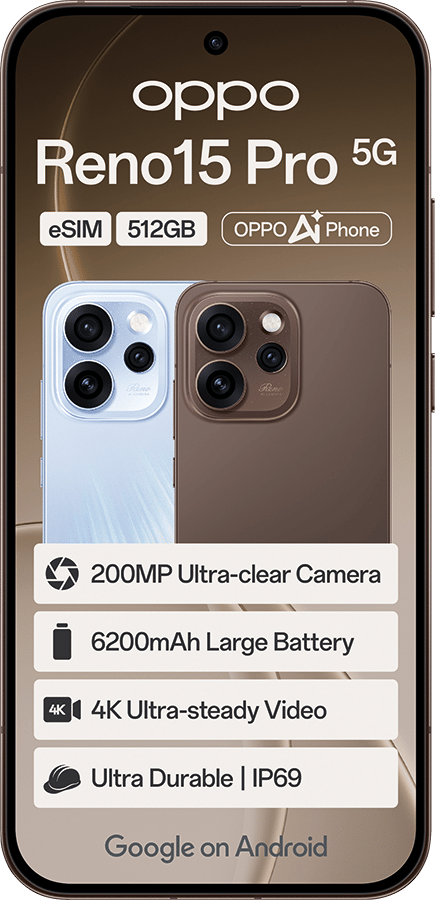OPPO Reno15 Pro 5G phone, showing 200MP camera, 6200mAh battery, 4K video, and IP69 rating.