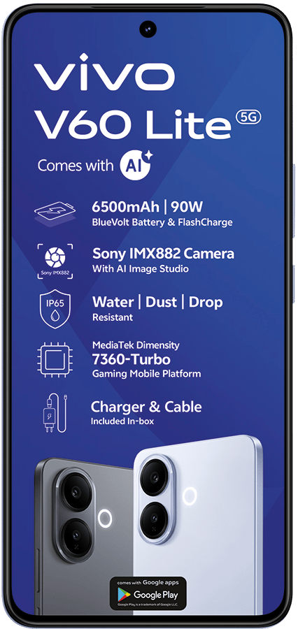 Vivo V60 Lite 5G phone, highlighting key specs: battery, camera, processor, water/dust resistance.
