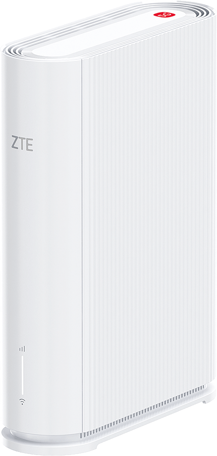 White ZTE 5G router/modem with signal indicators and ribbed design.