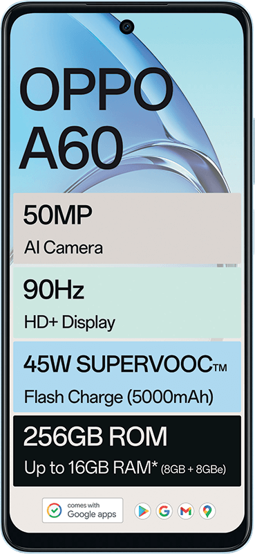 OPPO A60 phone: 50MP AI Cam, 90Hz HD+ screen, 45W fast charge, 256GB ROM.