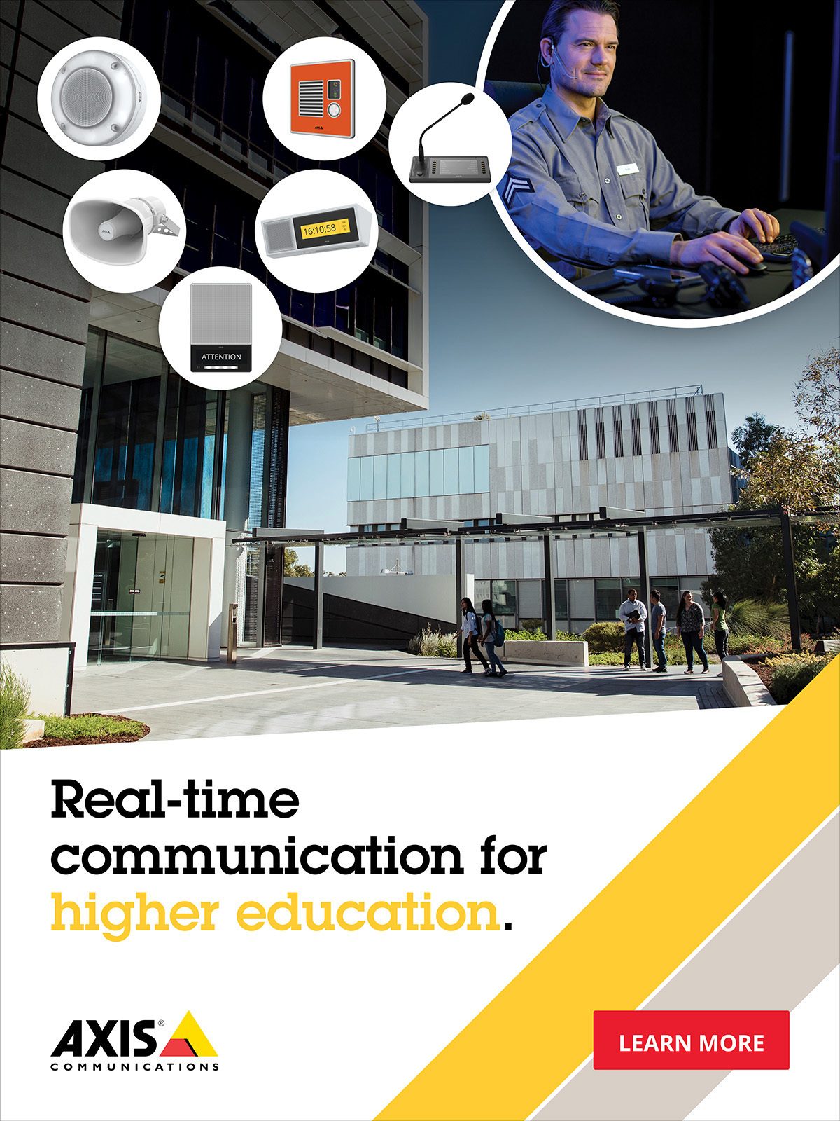 Axis communication systems for universities: devices, control room, and campus scene.