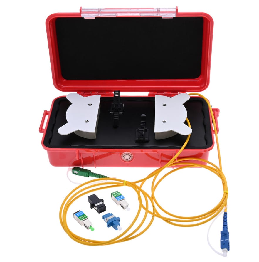 Red hard case with yellow fiber optic patch cord and various connectors for network installation.