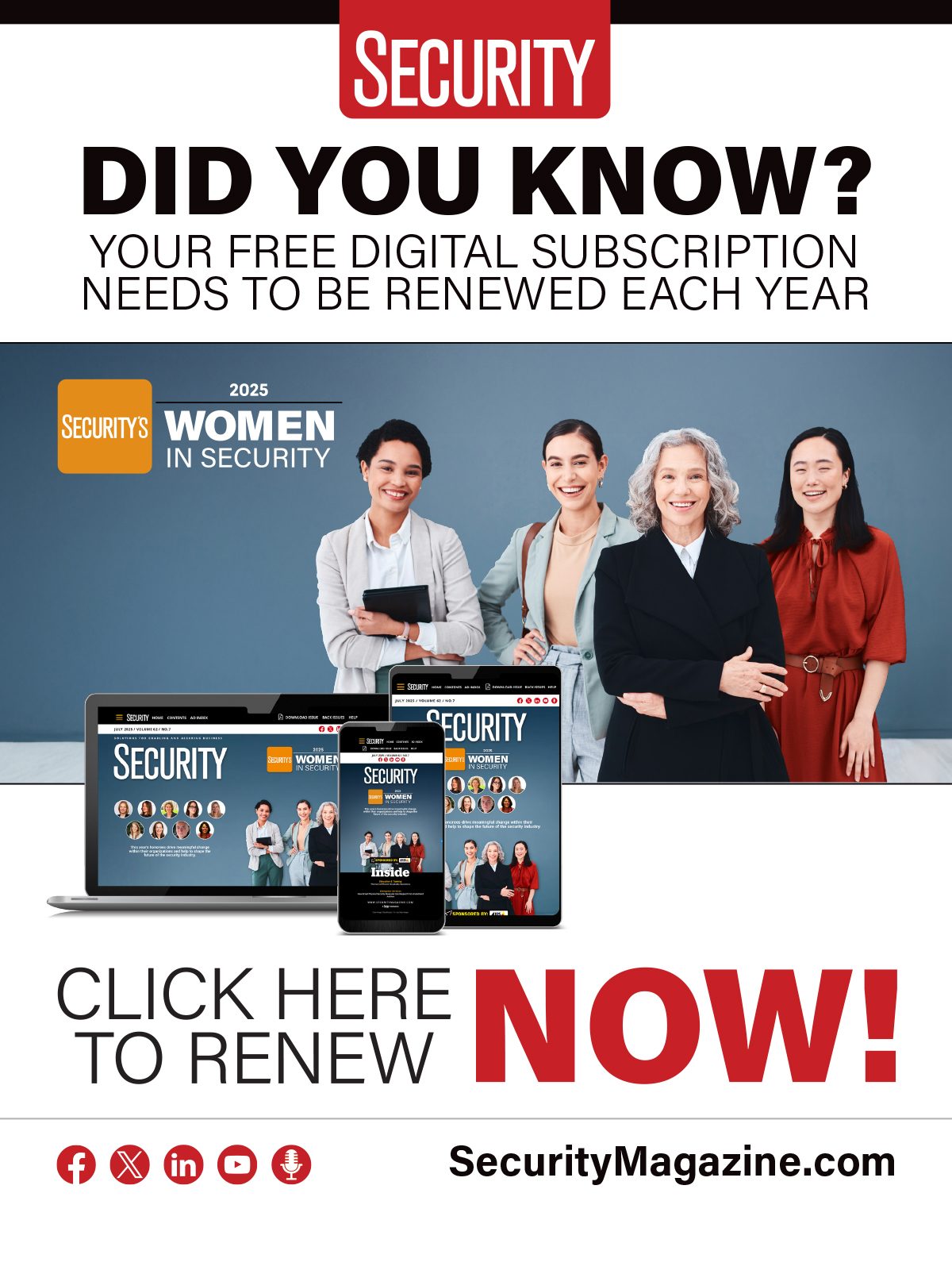 Ad: Renew your free Security Magazine digital subscription, featuring "Women in Security."