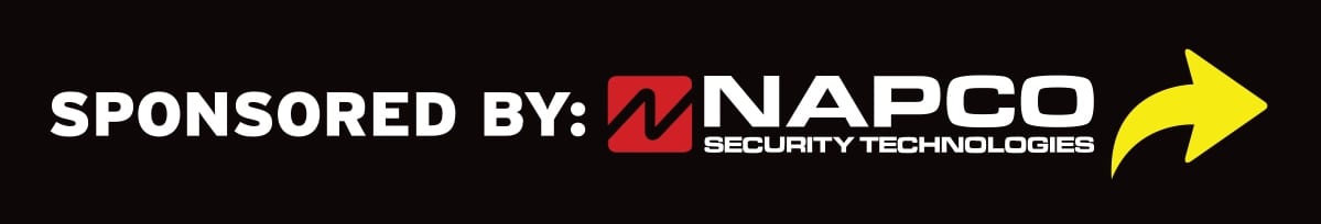 Text 'SPONSORED BY:' next to the NAPCO Security Technologies logo and a yellow arrow.