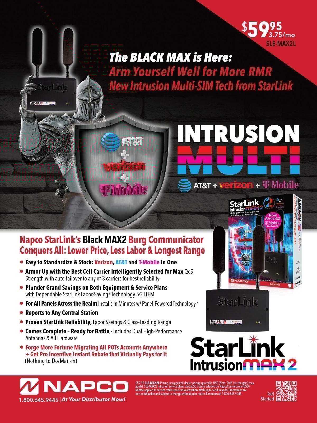 Ad for Napco StarLink IntrusionMAX 2 multi-SIM security communicator, featuring AT&T, Verizon, T-Mobile.