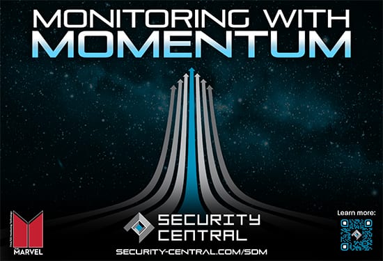 Ad for 'Monitoring with Momentum' by Security Central, showing upward arrows against a starry sky.