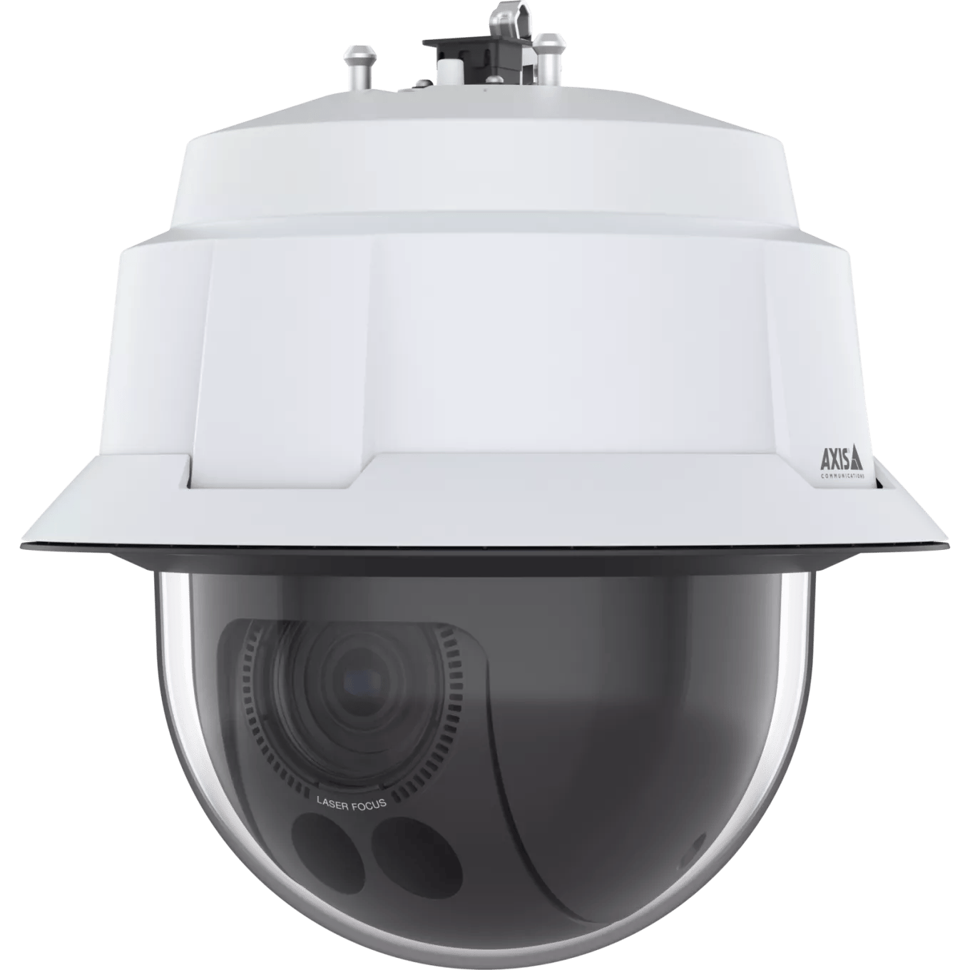 White and black PTZ dome security camera with "AXIS" logo for surveillance applications.