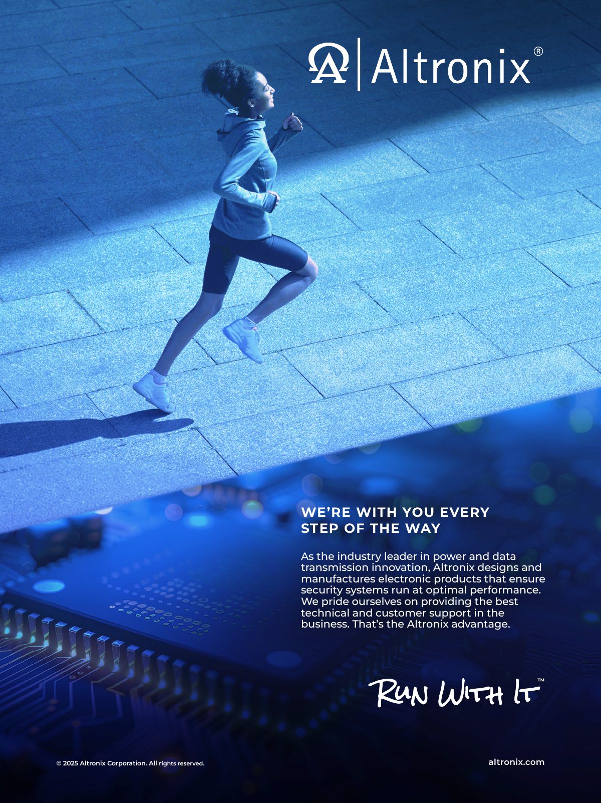 Woman running on a paved surface, Altronix logo, and text "RUN WITH IT."