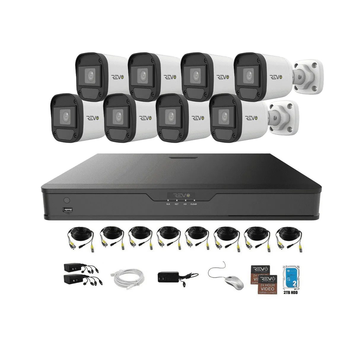 REVO 8-camera wired security system with DVR, cables, power, mouse, and 2TB HDD.
