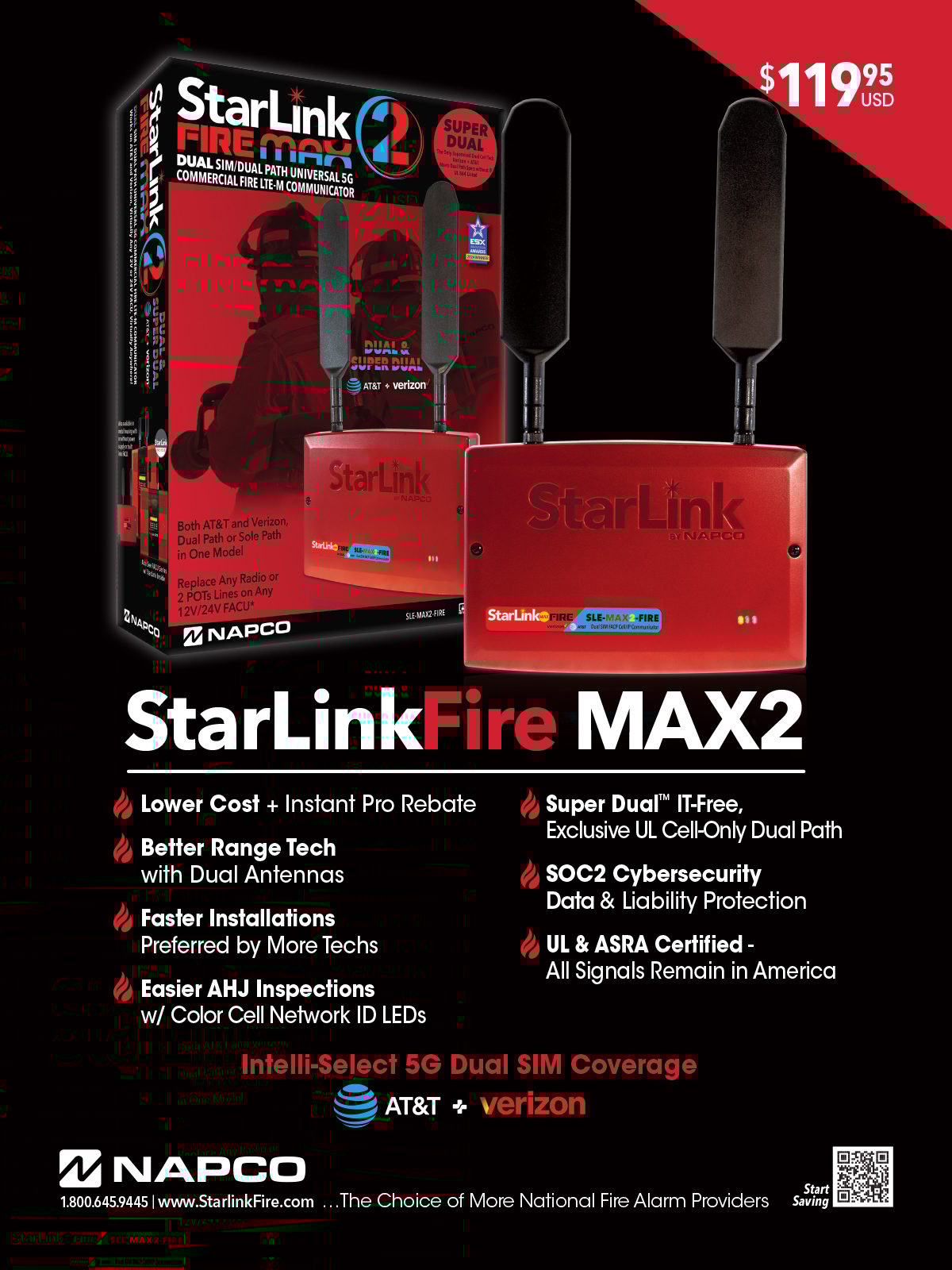 StarLink Fire MAX2 commercial 5G Dual SIM fire alarm communicator with features.