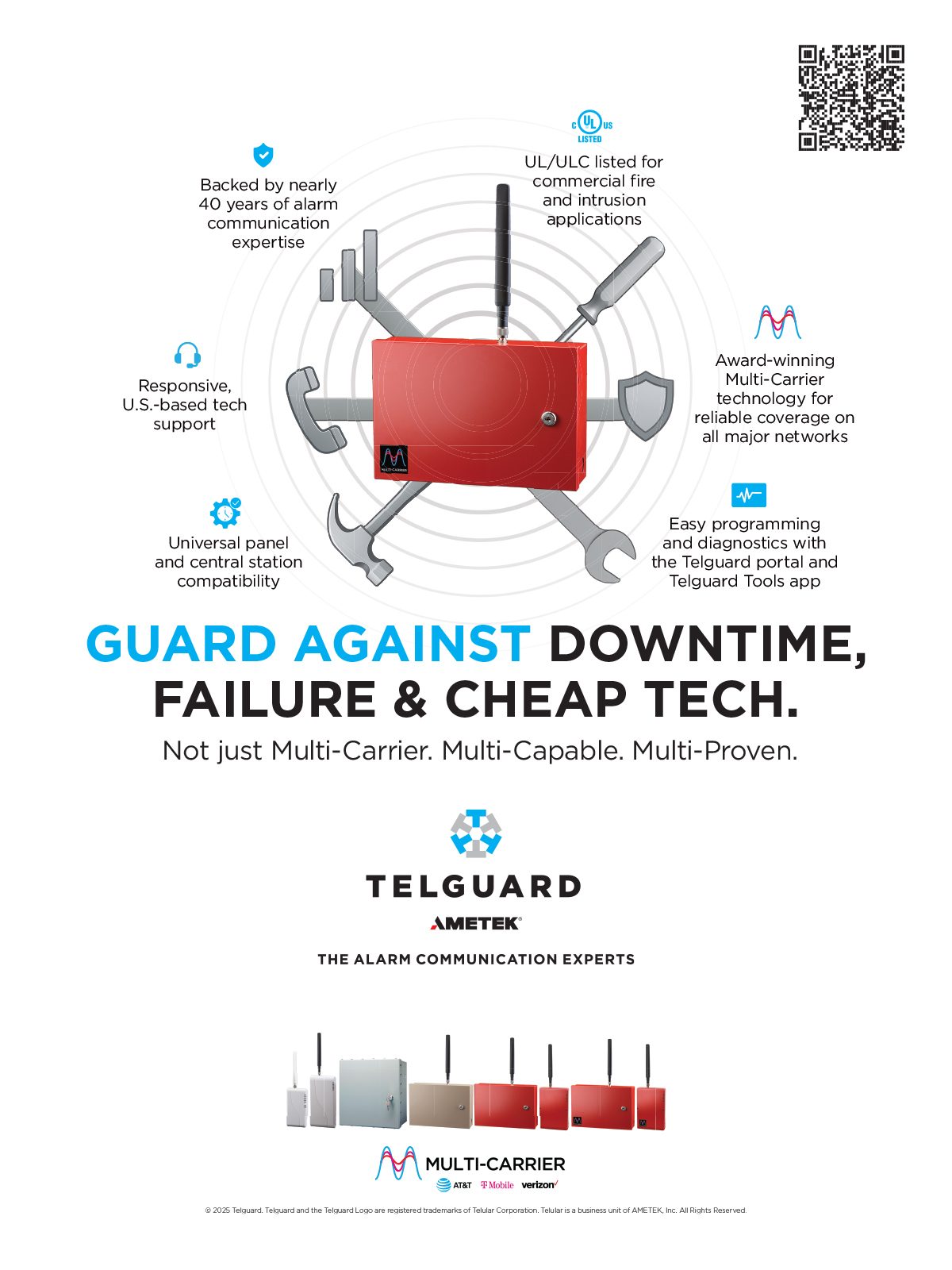 Telguard multi-carrier alarm communication ad, promoting reliability and comprehensive features.
