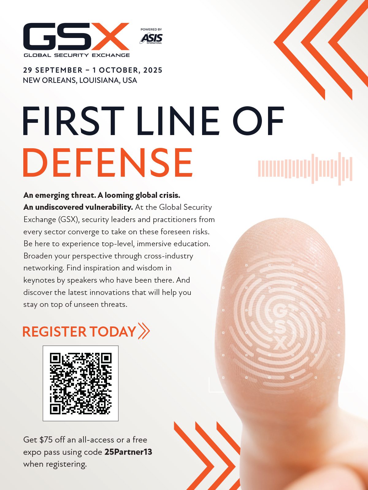 Advertisement for GSX 2025 Global Security Exchange event in New Orleans, Sep 29-Oct 1. Code 25Partner13.