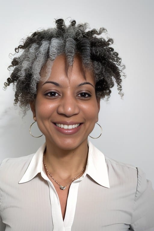 Smiling woman with curly gray hair, hoop earrings, and collared shirt.