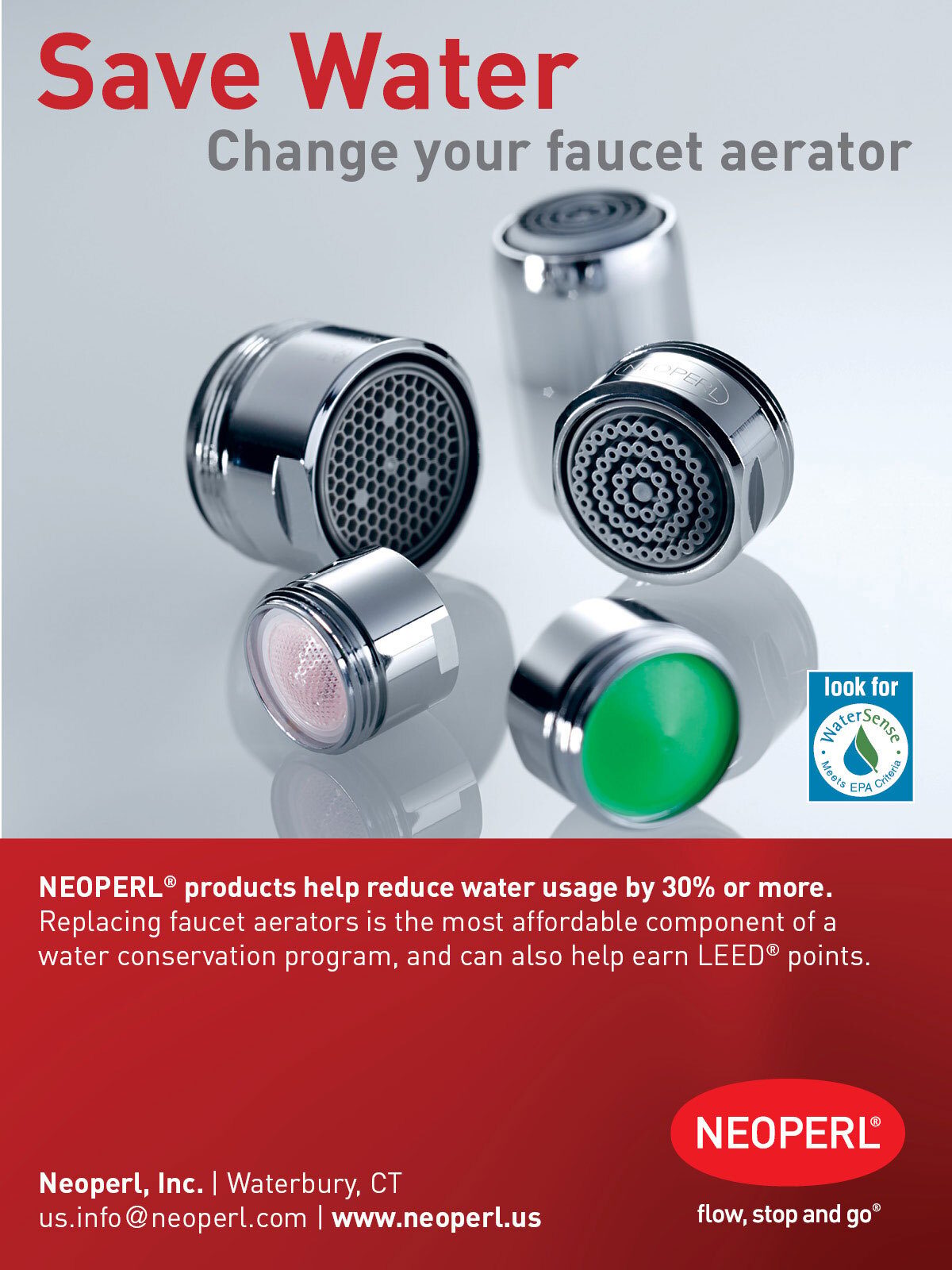 "Save Water" ad showing various Neoperl faucet aerators, promoting water conservation.