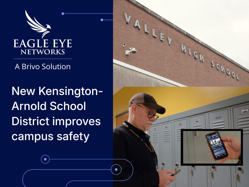 An Eagle Eye Networks ad showing a high school, a man viewing a security app, and text about campus safety.
