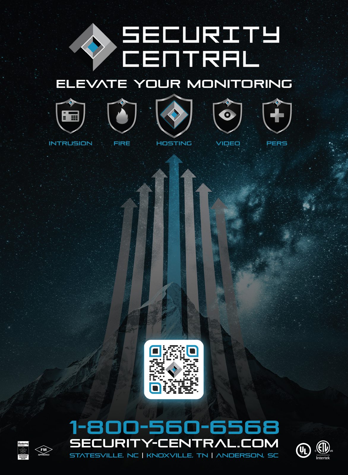 Security Central ad: 'Elevate Your Monitoring' with upward arrows. Services, QR code, and contact info.