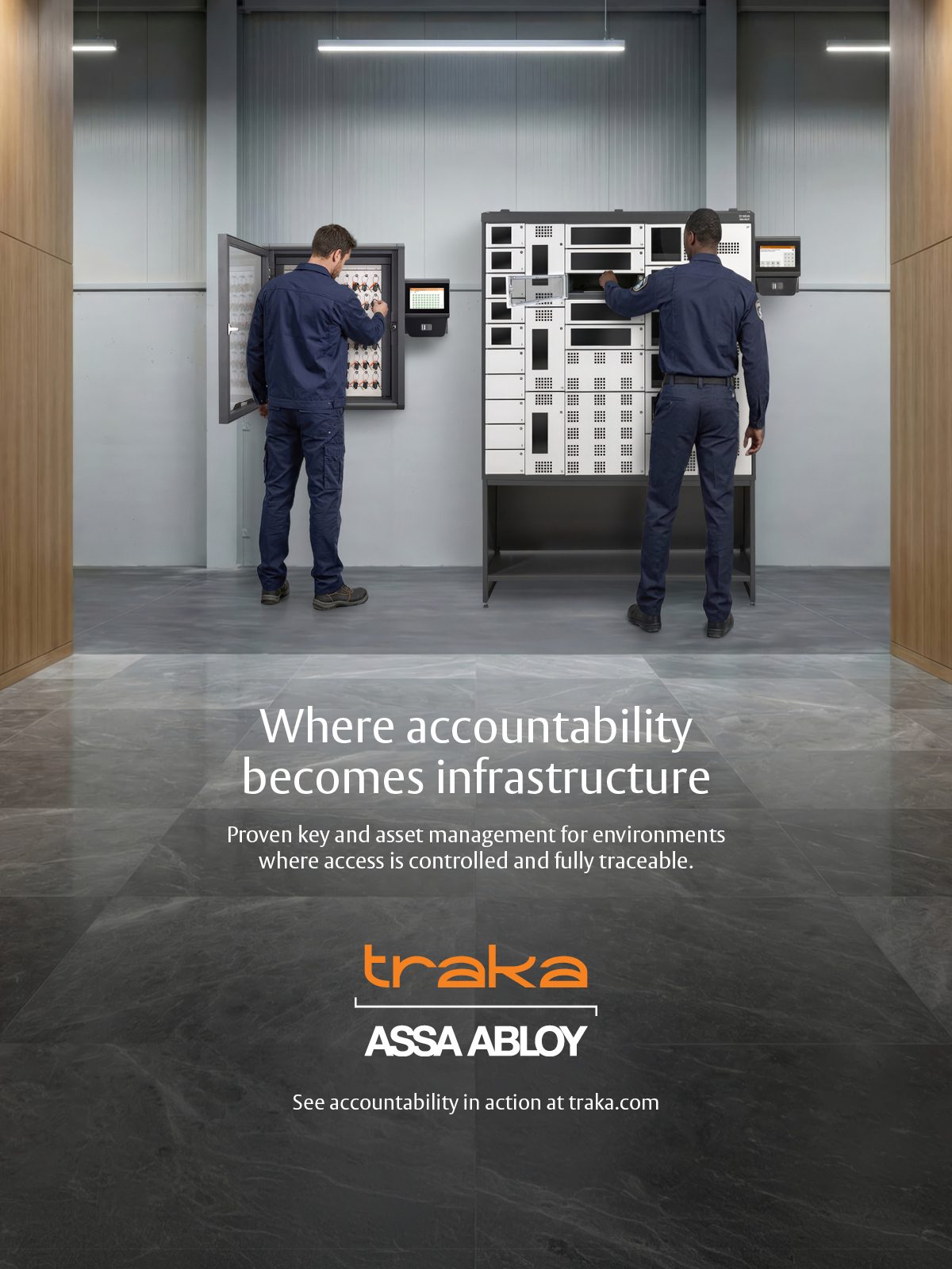 Two men using key and asset management systems, highlighting controlled and traceable access.