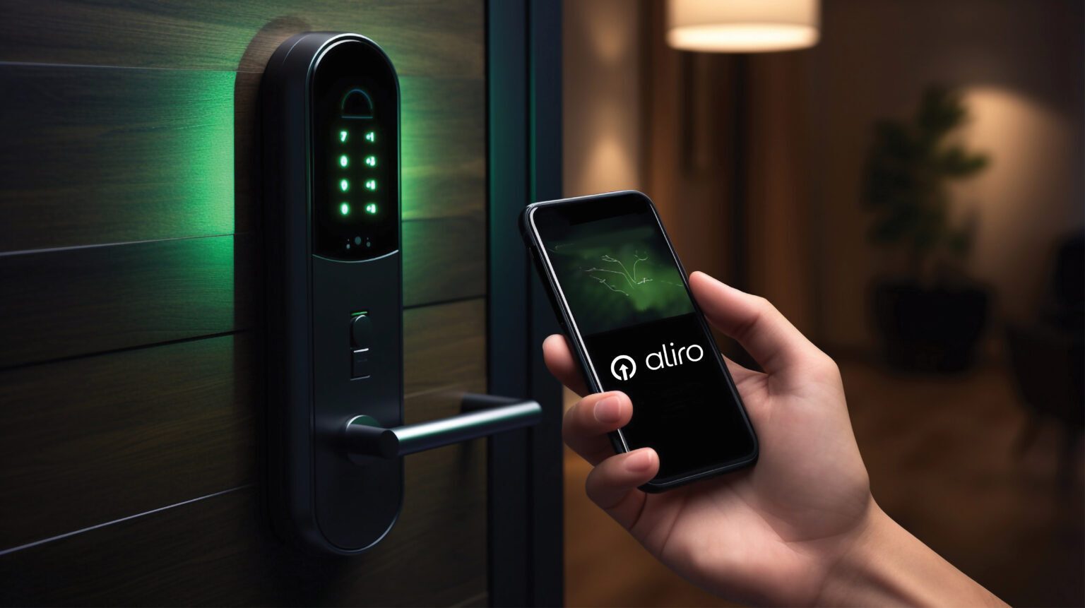 Hand holds smartphone with Aliro app next to a smart door lock with glowing green keypad.