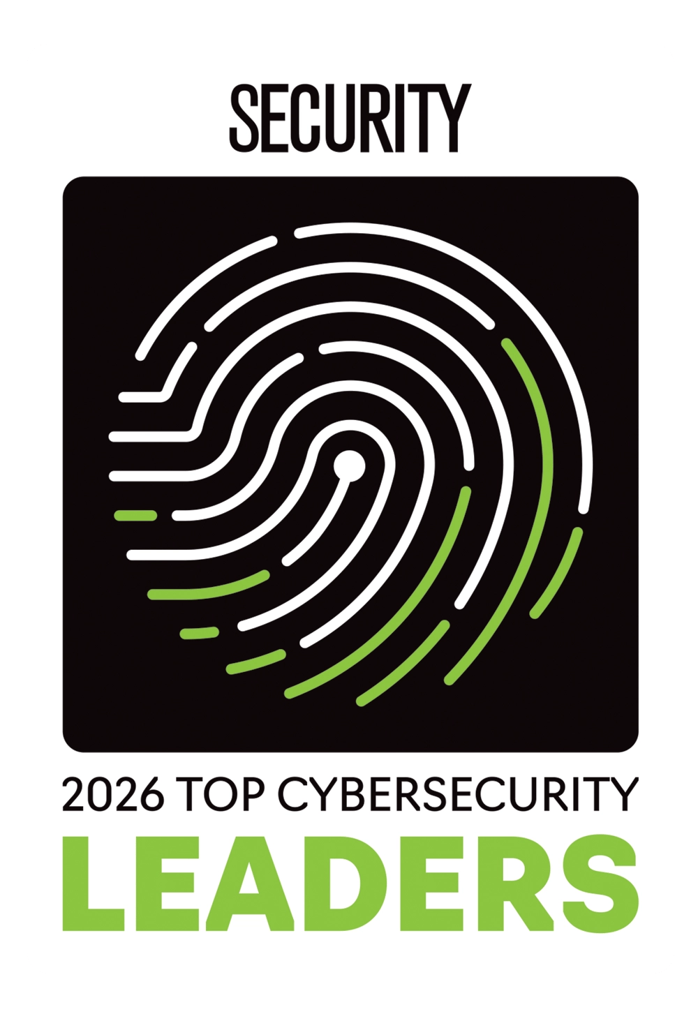 2026 Top Cybersecurity Leaders badge with a fingerprint graphic.