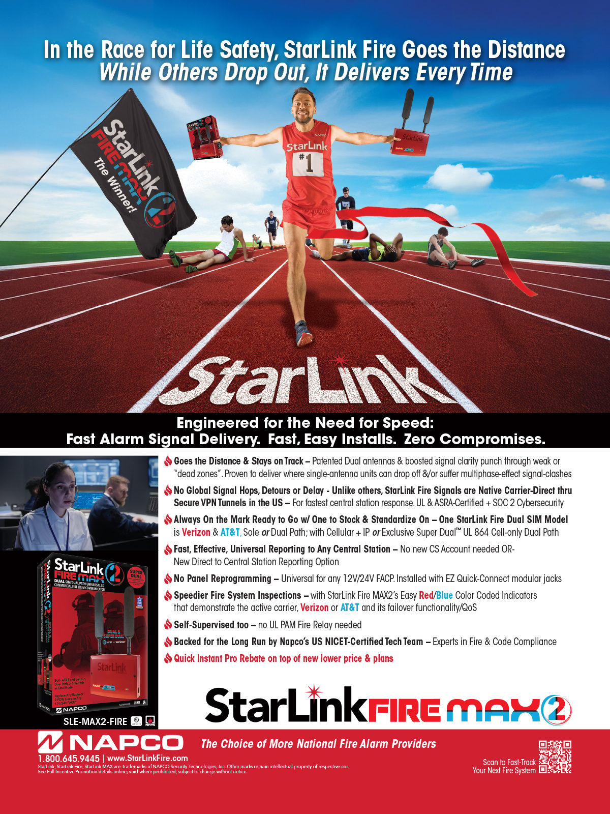 An ad featuring a runner crossing the finish line, symbolizing StarLink Fire's reliable delivery, with product details.